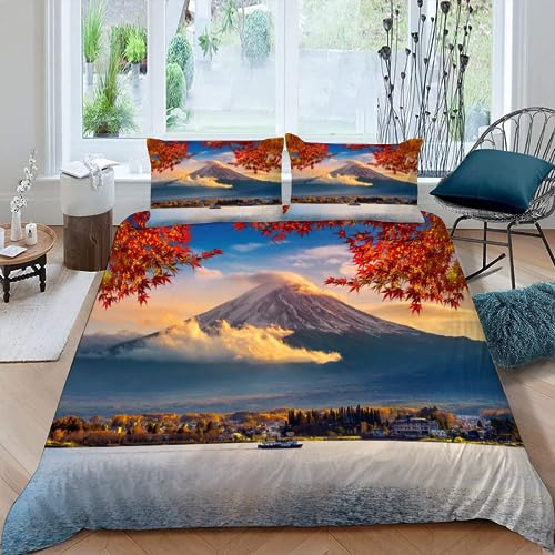 AASIRA Japan Sakura Bettwäsche 135x200 Kinder Bettwäsche Landschaft Weiche Mikrofaser Bettbezug mit Reißverschluss Jungen Mädchen Bettwäsche-Set 3D Motiv Bettbezüge mit 2 Kissenbezug 80x80 von AASIRA