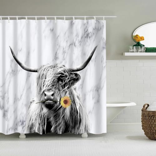 AASIRA Kuh Marmor Duschvorhang Anti-Schimmel 120x180 Badezimmer Badewanne Wasserdichter Duschvorhänge Sonnenblume Blume Polyester Textil Waschbar Badvorhang mit 12 Duschvorhang Hake C449 von AASIRA