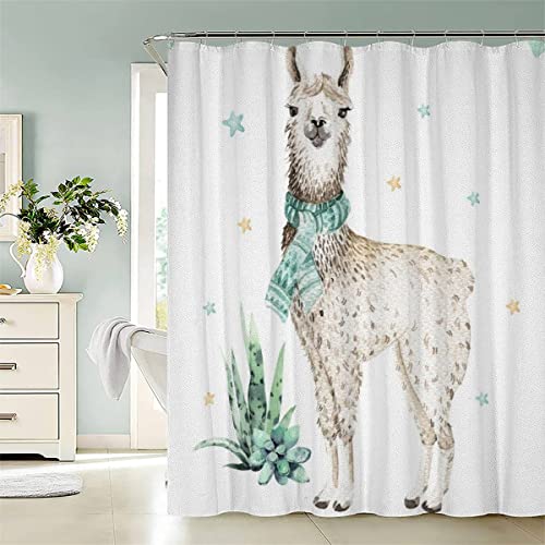 AASIRA Lama Duschvorhang Anti-Schimmel 120x180 Badezimmer Badewanne Wasserdichter Duschvorhänge Süße Tiere Polyester Textil Waschbar Badvorhang mit 12 Duschvorhang Hake von AASIRA