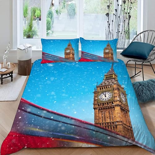 AASIRA London Big Ben Bettwäsche 135x200 Kinder Bettwäsche Stadtansicht Weiche Mikrofaser Bettbezug mit Reißverschluss Jungen Mädchen Bettwäsche-Set 3D Motiv Bettbezüge mit 2 Kissenbezug 80x80 von AASIRA