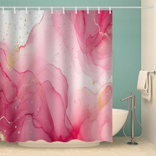 AASIRA Marmor Duschvorhang Anti-Schimmel 120x180 Badezimmer Badewanne Wasserdichter Duschvorhänge Gold Rot Polyester Textil Waschbar Badvorhang mit 12 Duschvorhang Hake von AASIRA