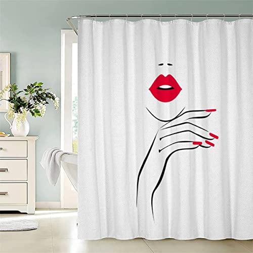 AASIRA Rote Lippen Duschvorhang Anti-Schimmel 120x180 Badezimmer Badewanne Wasserdichter Duschvorhänge Abstrakte Kunst Polyester Textil Waschbar Badvorhang mit 12 Duschvorhang Hake von AASIRA