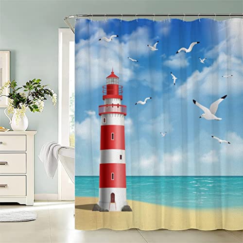 AASIRA Strand Duschvorhang Anti-Schimmel 120x180 Badezimmer Badewanne Wasserdichter Duschvorhänge Leuchtturm Möwe Polyester Textil Waschbar Badvorhang mit 12 Duschvorhang Hake von AASIRA