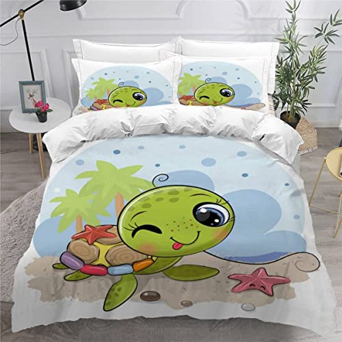 AASIRA Süße Schildkröte Bettwäsche 135x200 Kinder Bettwäsche Cartoon-Tiere Weiche Mikrofaser Bettbezug mit Reißverschluss Jungen Mädchen Bettwäsche-Set 3D Motiv Bettbezüge mit 2 Kissenbezug 80x80 von AASIRA