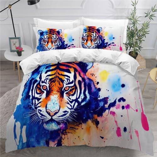 AASIRA Tiger Bettwäsche 135x200 Kinder Bettwäsche Bunte Tiere Weiche Mikrofaser Bettbezug mit Reißverschluss Jungen Mädchen Bettwäsche-Set 3D Motiv Bettbezüge mit 2 Kissenbezug 80x80 von AASIRA