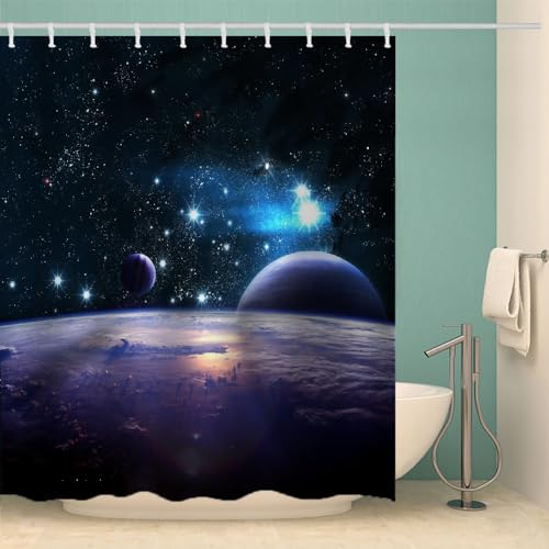 AASIRA Universum Raum Duschvorhang Anti-Schimmel 120x180 Badezimmer Badewanne Wasserdichter Duschvorhänge Blau Schwarz Polyester Textil Waschbar Badvorhang mit 12 Duschvorhang Hake von AASIRA