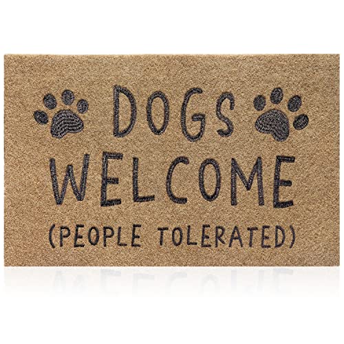 AAZZKANG Fußmatte mit Aufschrift "Dogs Welcome People Tolerated", lustige Outdoor-Matte mit rutschfester Gummi-Unterseite, besonders saugfähig, Schlamm, leicht zu reinigen, Veranda, Bauernhaus von AAZZKANG