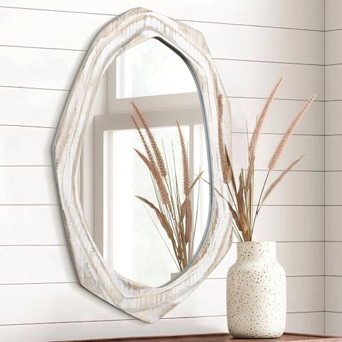 AAZZKANG Unregelmäßiger Wandspiegel aus Holz, groß, rustikal, asymmetrisch, 70 x 45 cm, dekorativ, für Schlafzimmer, Wohnzimmer, Badezimmer, Eingangsbereich, hängend, Weiß von AAZZKANG