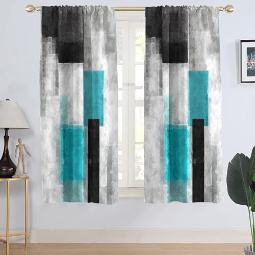 AAtter Blaugrün und Schwarz Vorhang Aqua Türkis Weiß Abstrakte Kunst Geometrische Farbblock Niedliches Stangendekor Design Wohnzimmer Schlafzimmer Stoff Polyester Fenstervorhänge 106,7 x 160 cm, von AAtter