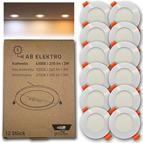 AB Elektro LED Deckenleuchte flach rund 12er Set I 3W LED Einbaustrahler 12V Kaltweiß I LED Panel Deckenleuchte I LED Einbauleuchte Set mit Trafo von AB Elektro