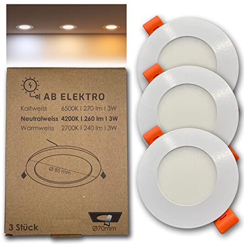 AB Elektro LED Deckenleuchte flach rund 3er Set I 3W LED Einbaustrahler 12V Neutralweiß I LED Panel Deckenleuchte I LED Einbauleuchte Set mit Trafo (neutralweiß, 3er Set) von AB Elektro