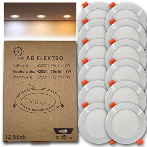 AB Elektro LED Einbaustrahler flach rund 12er Set I 9W LED Spot 12V Neutralweiß I LED Panel Deckenleuchte I LED Einbauleuchte Set mit Trafo von AB Elektro