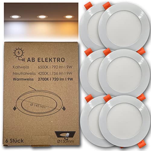 AB Elektro LED Einbaustrahler flach rund 6er Set I 9W LED Spot 12V Warmweiß I LED Panel Deckenleuchte I LED Einbauleuchte Set mit Trafo von AB Elektro