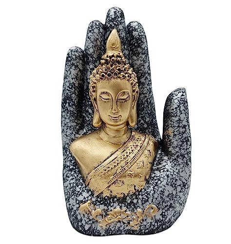 AB India Crafts Hand Palm Buddha Statue Marmor Harz Silbergrau Gold 18x10,5x8 cm | Dekoration Spiritualität Harmonie von AB India Crafts