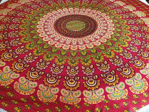 AB India Crafts Traditionelles Indisches Mandala Tuch für Strand, Yoga, Picknick, Festival, Deko, 100% Baumwolle, rund 180 cm rot von AB India Crafts