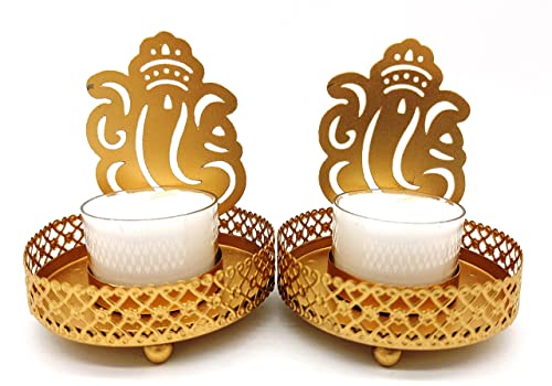 Deko-Paket 2 traditionelle Schatten Diya Teelicht-Kerzenhalter Metall Hindu Glücksgott Ganesha inklusive 2 x 8 h Teelichter, Spiritualität Dekoration Hochzeit Geschenk Diwali Indien von AB India Crafts