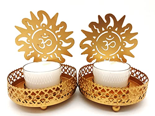 Deko-Paket 2 traditionelle Schatten Diya Teelicht Kerzenhalter Metall Mantra Om Aum Symbol inklusive 2 x 8 h Teelichter, Spiritualität Dekoration Hochzeit Geschenk Diwali Indien von AB India Crafts