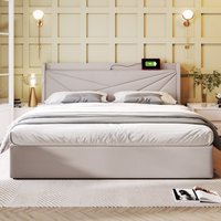 Doppelbett, mit Stauraum 180x200, USB-Typ-C-Ladefunktion und Bettgestell aus Leinen, Staubdichter Stoff, Robuste Eisenkonstruktion, bis 300 kg, Beige von AB Store