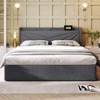 Doppelbett, mit Stauraum 180x200, USB-Typ-C-Ladefunktion und Bettgestell aus Leinen, Staubdichter Stoff, Robuste Eisenkonstruktion, bis 300 kg, Grau von AB Store