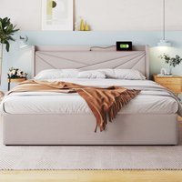 Doppelbett, mit Stauraum und USB-Typ-C-Ladefunktion, Staubdichter Stoff, Leinenstruktur, elastische Holzunterstützung, bis zu 300 kg, 140x200, Beige von AB Store
