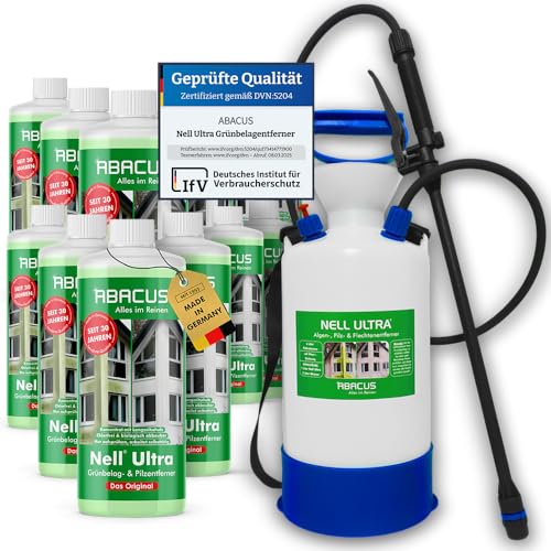 ABACUS® Nell Ultra Grünbelagentferner & Algenentferner, extrem stark! Entfernt Grünbelag & Algen selbsttätig mit Langzeitschutz – Algen- & Grünbelagentferner 12x1000ml mit Drucksprüher – Set XXL von ABACUS