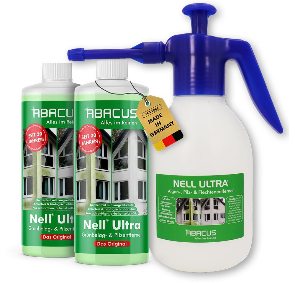 ABACUS Nell Ultra Algenentferner, Grünbelagentferner mit 1,8L Sprühflasche Grünbelagentferner (Bekannt aus QVC, [3-St. Ergiebiges Konzentrat Selbsttätig mit Langzeitschutz) von ABACUS