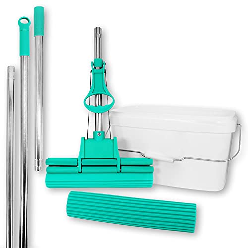 ABACUS® Wischmop Set, Wischmopp extrem saugstark + Ersatzschwamm + 2X Verlängerungsstiel + Eimer, Bodenwischer, Wischer, Mopp, Bodenreiniger, Bodenmop, Doppelwringer – Green Mop® Set 30 cm (7809.3) von ABACUS