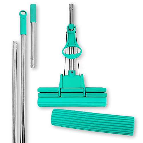 ABACUS® Wischmop Set, Wischmopp extrem saugstark + Ersatzschwamm + Verlängerungsstiel, Bodenwischer, Wischer, Mop, Mopp, Bodenreiniger, Bodenmop, Doppelwringer – Green Mop® Set 30 cm (7808.1) von ABACUS