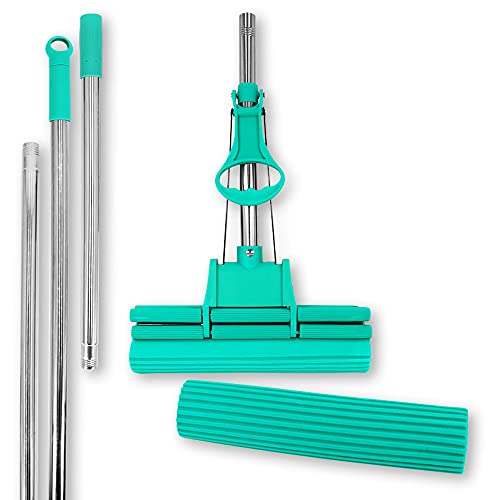 ABACUS® Wischmop Set, Wischmopp extrem saugstark + Ersatzschwamm + Verlängerungsstiel, Bodenwischer, Wischer, Mop, Mopp, Bodenreiniger, Bodenmop, Doppelwringer – Green Mop® Set 30 cm (7808.2) von ABACUS