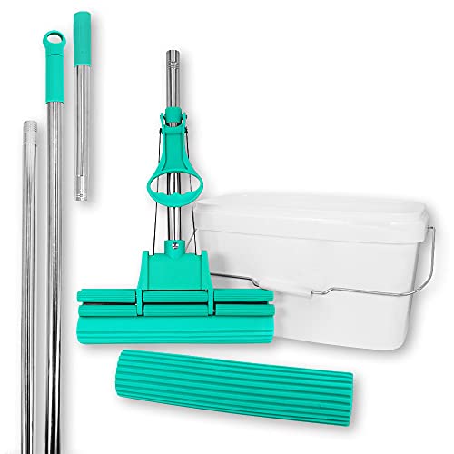 ABACUS® Wischmop Set, Wischmopp extrem saugstark + Ersatzschwamm + Verlängerungsstiel + Eimer, Bodenwischer, Wischer, Mop, Mopp, Bodenreiniger, Bodenmop, Doppelwringer – Green Mop® Set 30 cm (7809.1) von ABACUS