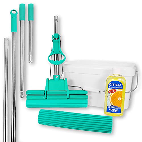 ABACUS Wischmop Set, Wischmopp extrem saugstark + Ersatzschwamm + Verlängerungsstiel + Eimer + Orangenreiniger, Bodenwischer, Wischer, Mopp, Bodenreiniger, Bodenmop Green Mop® Set 30 cm (7810.3) von ABACUS