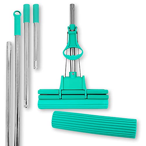 ABACUS® Wischmopp, Wischmop, Mop, 4-Rollen Doppelwringsystem im praktischen Set mit Zwei Verlängerungsstielen – Green Mop® 30 cm inkl. Ersatzschwamm mit Verlängerungsstiel 27 cm und 45 cm (7808.3) von ABACUS