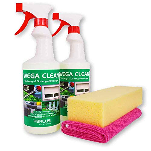 ABACUS® 2x 750 ml Wega Clean - Werkzeugreiniger Gartenreingier Fettlöser Nikotinentferner Rußentferner Insektenentferner-Reiniger + Tuch und Schwamm (7377) von ABACUS