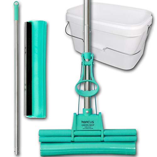 ABACUS® Wischmop Set, Wischmopp extrem saugstark + Ersatzschwamm + Eimer, Bodenwischer, Wischer, Mop, Mopp, Bodenreiniger, Bodenmop, Bodenmopp, Doppelwringer – Green Mop® Set 30 cm (6062) von ABACUS