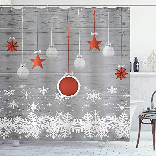 ABAKUHAUS Weihnachten Duschvorhang, Sterne-Flitter Schnee, Stoffliches Gewebe Badezimmerdekorationsset mit Haken, 175 x 180 cm, Weiß Grau Rot von ABAKUHAUS