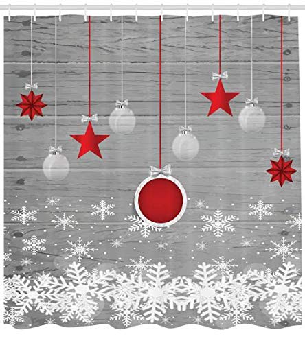 ABAKUHAUS, Weihnachten, Duschvorhang, Sterne Flitter Schnee, Pflegeleichter Stoff mit 12 Haken, 175 x 200 cm, Weiß Grau Rot von ABAKUHAUS