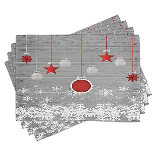 ABAKUHAUS Weihnachten Platzmatten, Sterne-Flitter Schnee, Waschbare Stoff Esszimmer Küche Tischdekorations Digitaldruck, Grau Weiß Rot von ABAKUHAUS