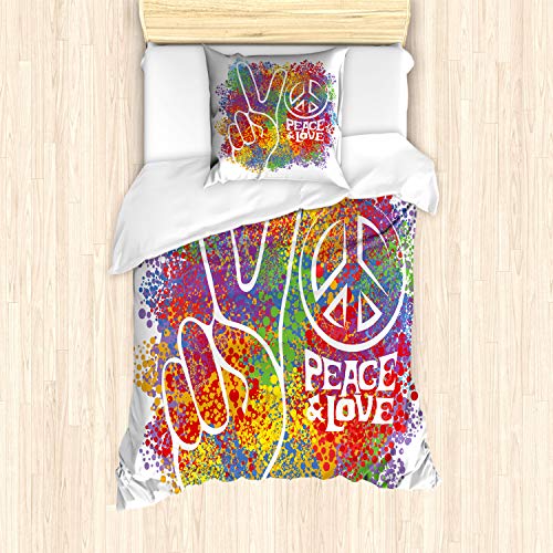 ABAKUHAUS Hippie Bettbezug Set für Einzelbetten, Peace Love Pazifismus, Milbensicher Allergiker geeignet mit Kissenbezug, Weiß Rot von ABAKUHAUS