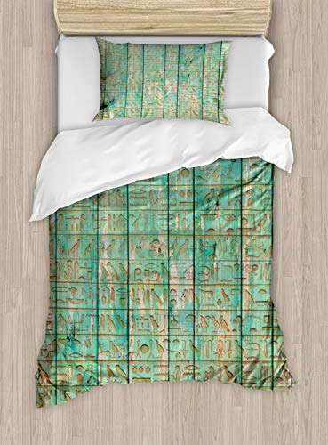 ABAKUHAUS Ägypten Bettbezug Set für Einzelbetten, Hieroglyphen Symbol Holzplatte, Milbensicher Allergiker geeignet mit Kissenbezug, 130 cm x 200 cm, Seafoam von ABAKUHAUS