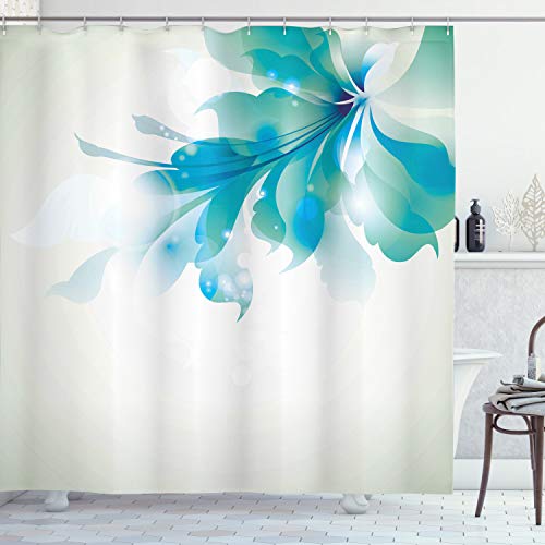 ABAKUHAUS Floral Duschvorhang, Blau Ombre Blumen, Stoffliches Gewebe Badezimmerdekorationsset mit Haken, 175 x 240 cm, Blassblau Weiß von ABAKUHAUS