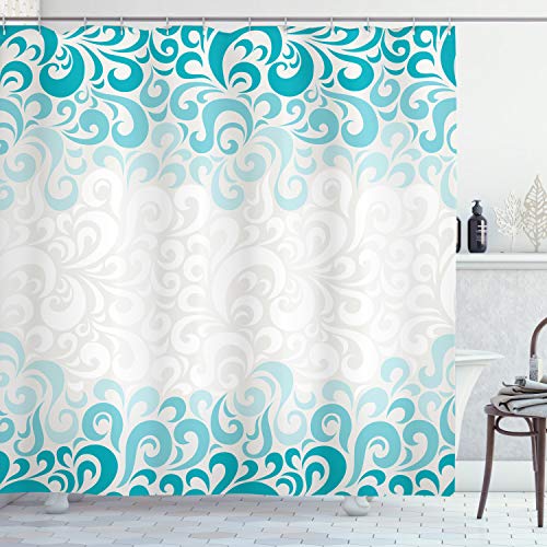 ABAKUHAUS Abstrakt Duschvorhang, Floral klassischer Entwurf, Stoffliches Gewebe Badezimmerdekorationsset mit Haken, 175 x 180 cm, Teal Turquoise Weiß von ABAKUHAUS