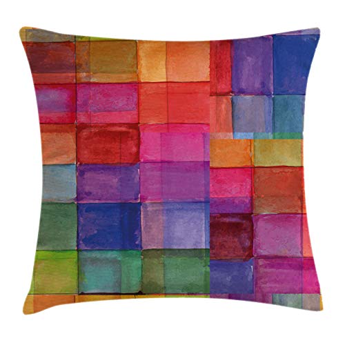 ABAKUHAUS Abstrakt Kissenbezug, Regenbogen-Farben-Quadrate, Dekokissenhüllen Waschbar Inn/Outdoor Beidseitiger Druck mit Reißverschluß, 45 x 45 cm, Magenta Blau von ABAKUHAUS