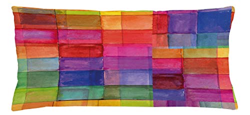 ABAKUHAUS Abstrakt Kissenbezug, Regenbogen-Farben-Quadrate, Dekokissenhüllen Waschbar Inn/Outdoor Beidseitiger Druck mit Reißverschluß, 90 x 40 cm, Magenta Blau von ABAKUHAUS