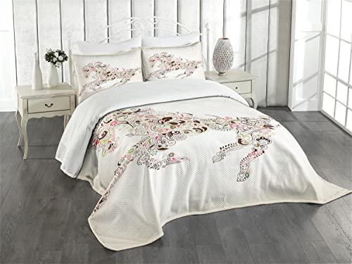 ABAKUHAUS Abstrakt Tagesdecke Set, Floral Pferd Paisley, Set mit Kissenbezug Romantischer Stil, für Einzelbetten 170 x 220 cm, Grün braun Rosa von ABAKUHAUS