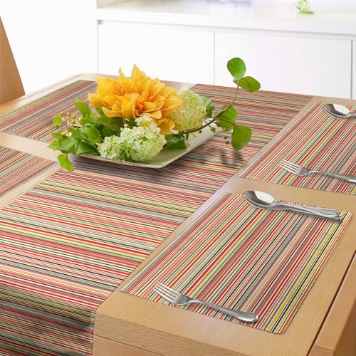 ABAKUHAUS Abstrakt Tischläufer & 4 Stück Tischsets, Klare horizontale Bunte gestreifte Linien Hintergrund-Regenbogen-Stangen-künstlerische Anzeige, Tischdeko-Set, 180 x 40 cm, Rot Gelb von ABAKUHAUS