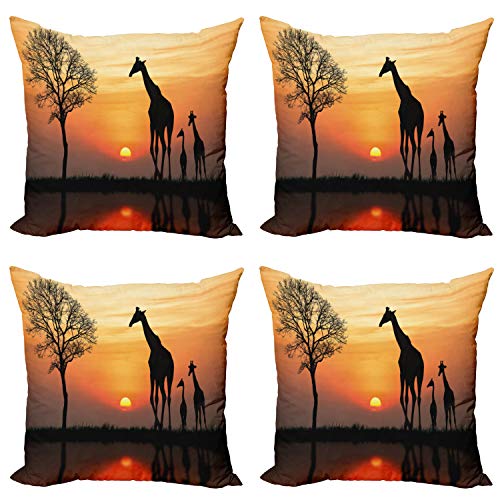 ABAKUHAUS Afrika Dekokissen Kissenbezug 4er Pack, Giraffe im Wilden Wald, Modern Accent Doppelseitiger Digitaldruck, 45 x 45 cm, Schwarz Orange von ABAKUHAUS