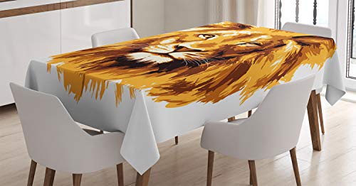 ABAKUHAUS Afrika Tischdecke, Tropen Safari Löwe-Kunst, Pflegeleicht Waschbar Schmutzabweisend und mit Klaren Farben Hochwertiger Druck, 140 x 200 cm, Orange Weiß von ABAKUHAUS