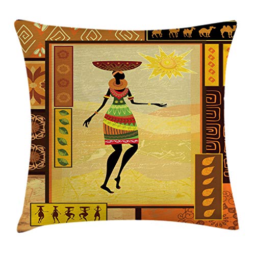 ABAKUHAUS Afro Kissenbezug, Stammes-ethnische Folklorik, Waschbar mit Reißverschluss Kissenhülle mit Farbfesten Klaren Farben Beidseitiger Druck, 50 x 50 cm, Braun Orange von ABAKUHAUS