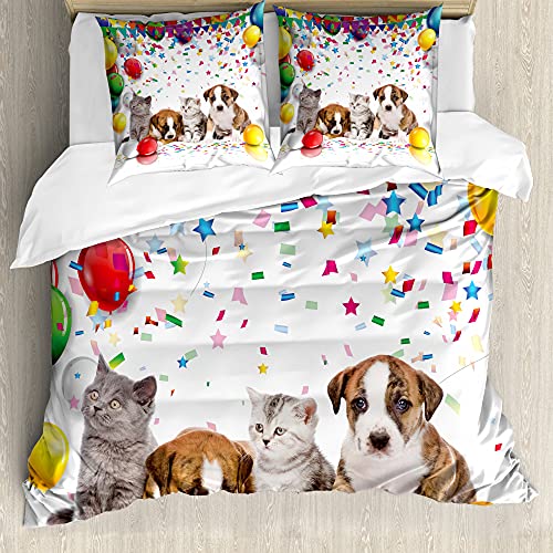 ABAKUHAUS Alles Gute zum Geburtstag Bettbezug Set für Einzelbetten, Katze und Hund Partei, Milbensicher Allergiker geeignet mit Kissenbezug, 155 cm x 200 cm - 80 x 80 cm, Mehrfarbig von ABAKUHAUS