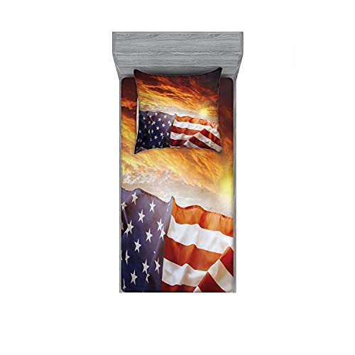 ABAKUHAUS Amerikanische Flagge Buntes Spannbetttuch- und Kissenbezug-Set, Sonnenuntergang und Horizont, dekoratives,bedrucktes 2-teiliges Bettwäscheset, 140 x 200 cm - 80 x 80 cm, Mehrfarbig von ABAKUHAUS